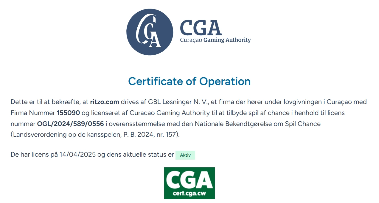 Curaçao Gaming Authority certifikat for ritzo.com og GBL Solutions N.V.
