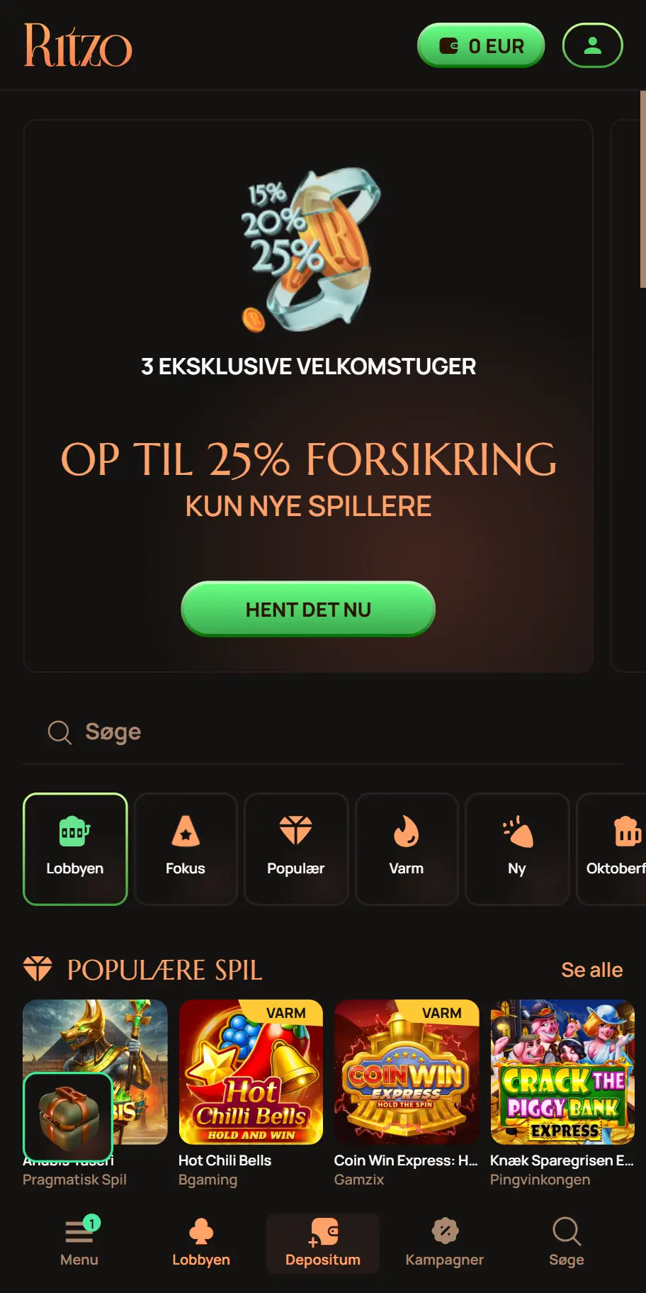 Ritzo hjemmeside vist i en smartphone-browser
